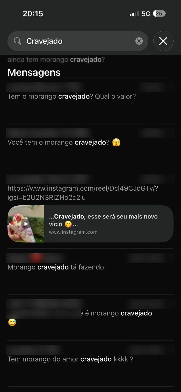 Busca por “cravejado” no WhatsApp com várias mensagens de clientes