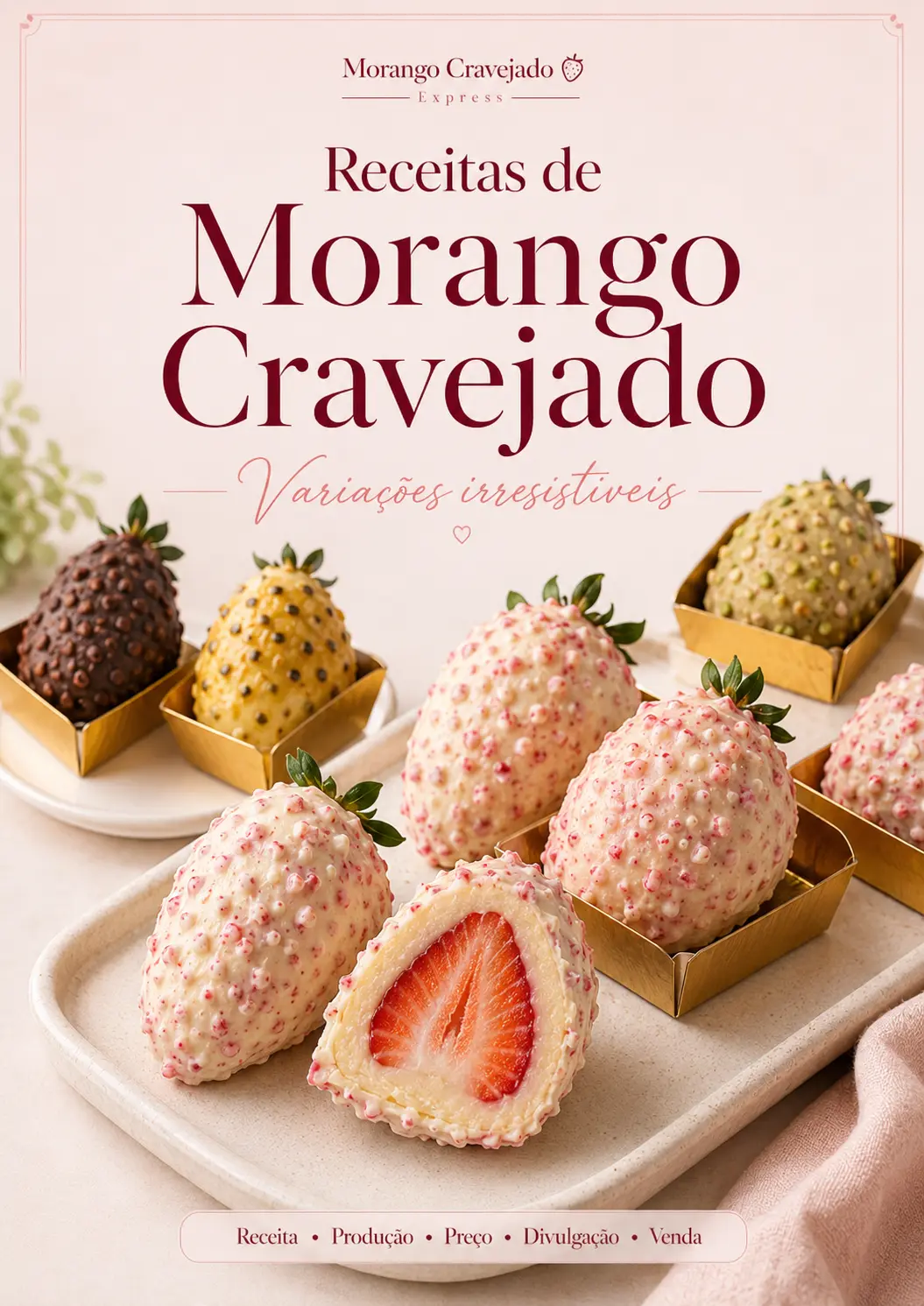 Capa do material Receitas de Morango Cravejado — variações irresistíveis clássicas, cremosas, chocolatadas e especiais