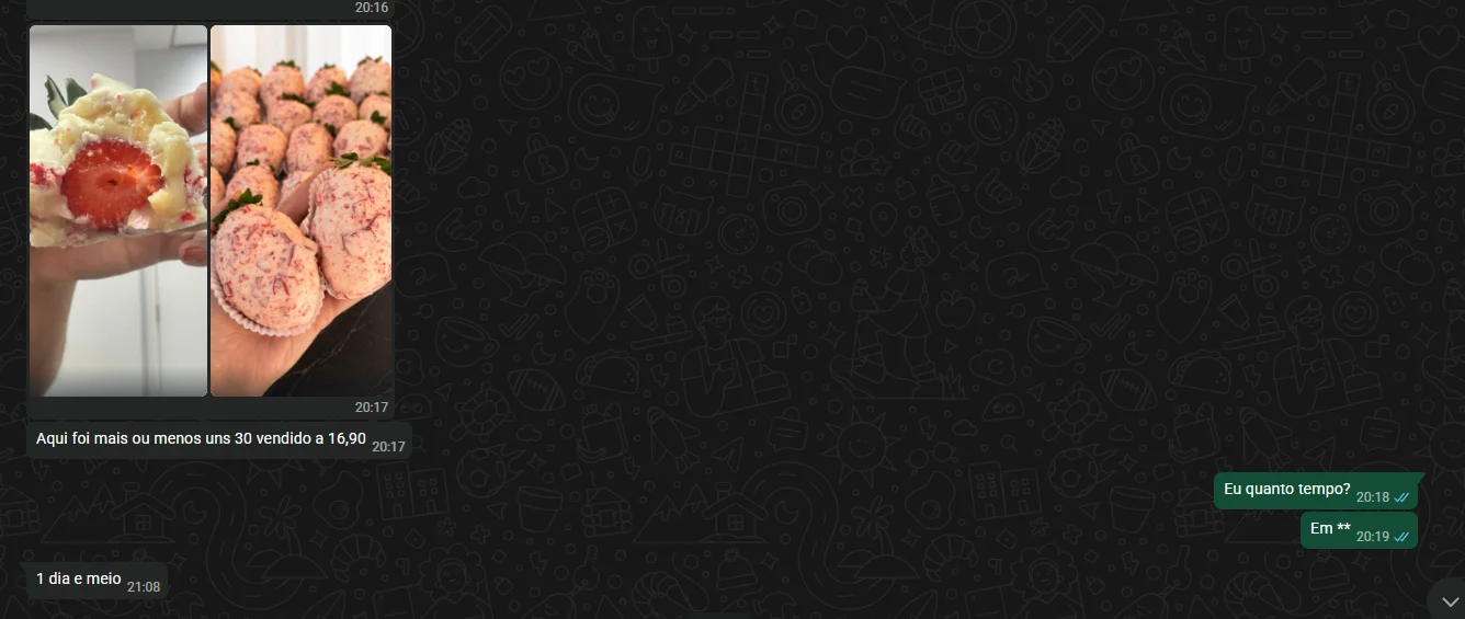 Conversa relatando cerca de 30 unidades vendidas a R$16,90 em 1 dia e meio